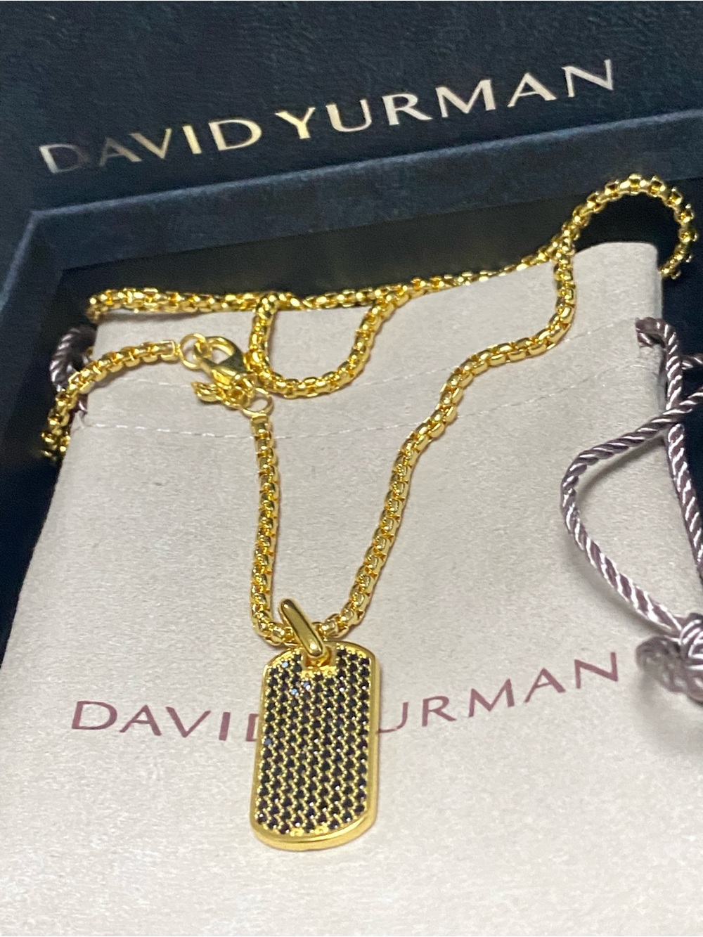 David Yurman Gold and Black Textured Dog Tag Necklace